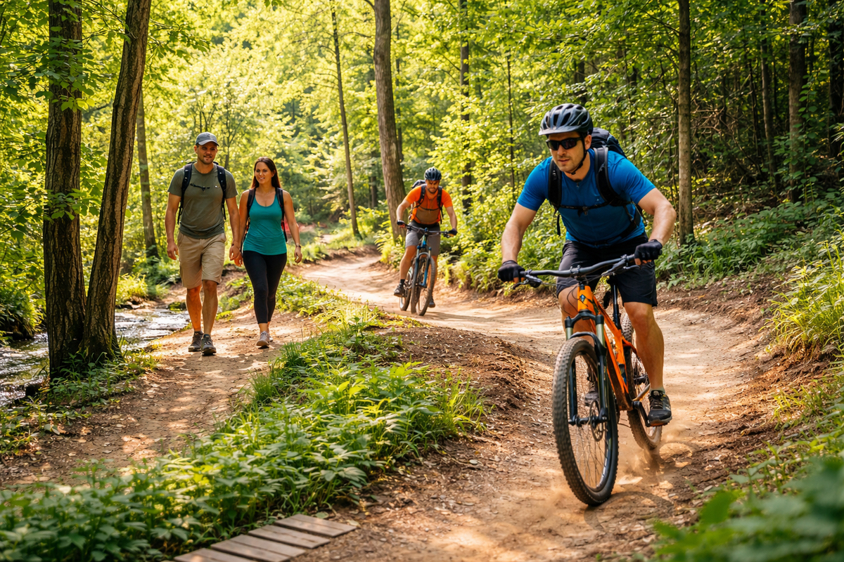 Hikers and cyclists enjoying a wooded trail